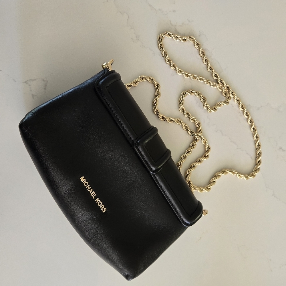 Michael Kors Padlock Chain Crossbody Black Leather Gold Purse Bag - Picture 4 of 9